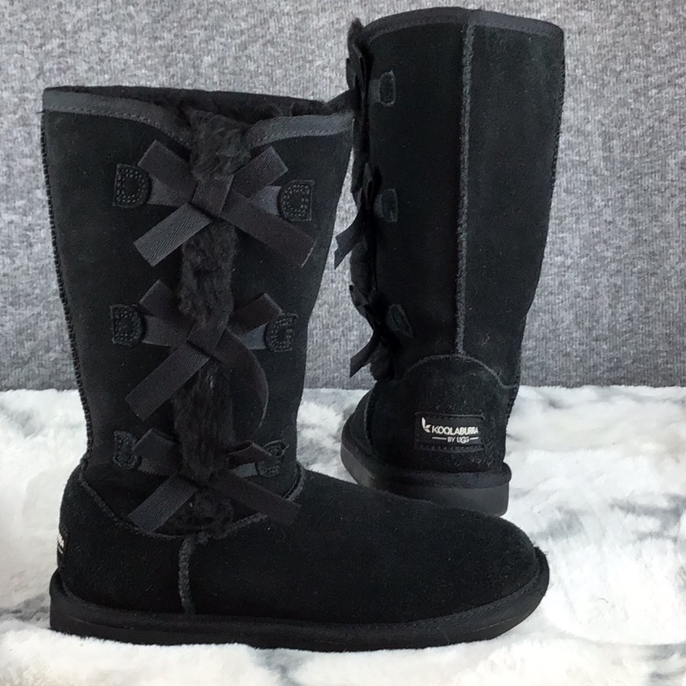UGG Koolaburra Victoria Tall Black Suede Boots with Side Bows Size 2